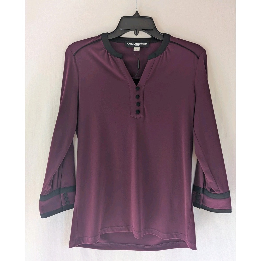 Karl Lagerfeld Paris Blouse Womens XS Contrast Trim Purple Pintuck Top Stretch